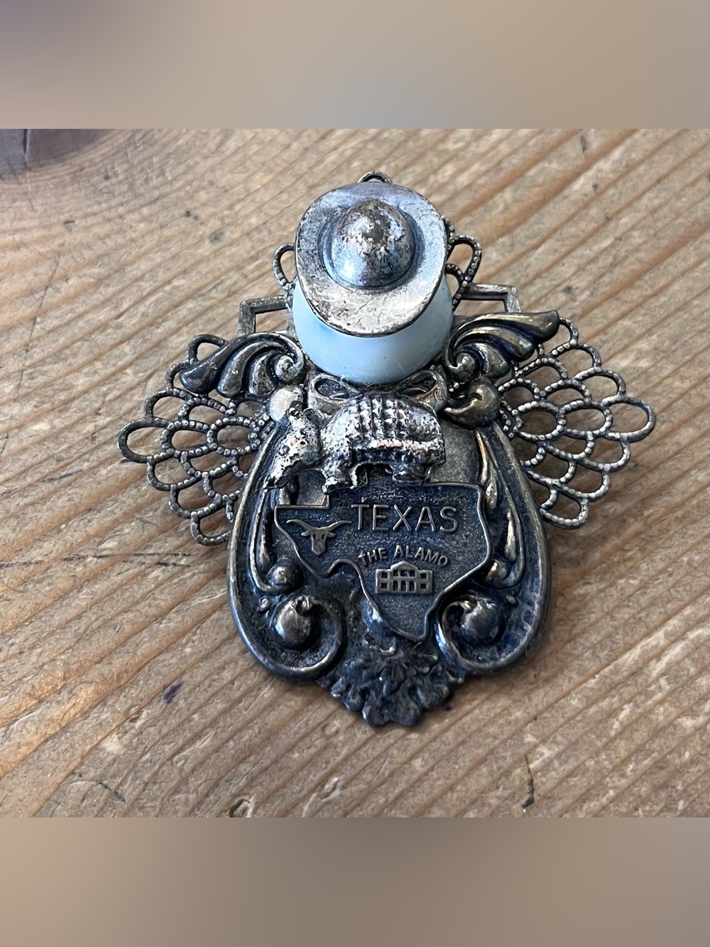 Texas Silver-Tone Angel Cowgirl Brooch Pin with Hat & Armadillo Detail